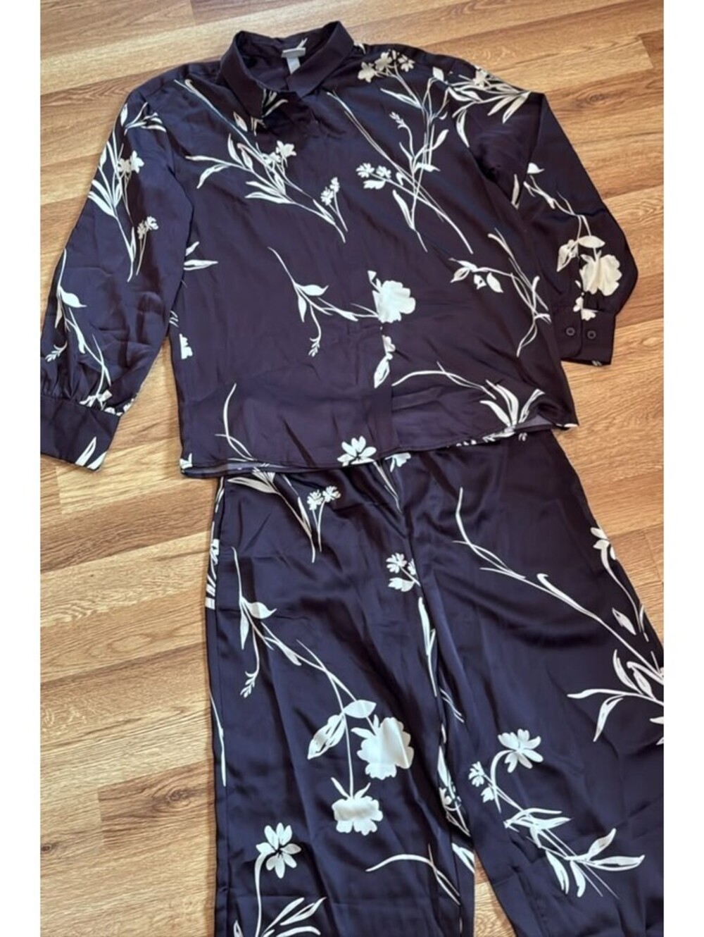 A New Day Satin Floral Set Top and Pants Black White Size S New